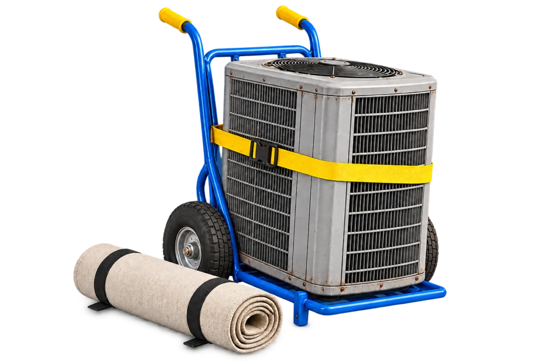 3D illustration of an old AC condenser secured to a blue appliance hand truck beside a rolled floor protector.