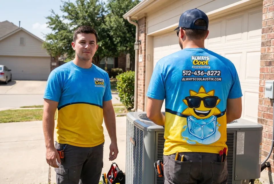 The Always Cool sun mascot on the crew’s blue work shirts