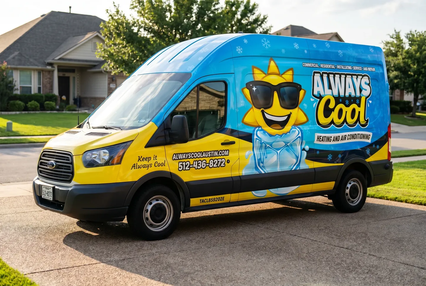 Always Cool’s blue and yellow service van outside an Austin home