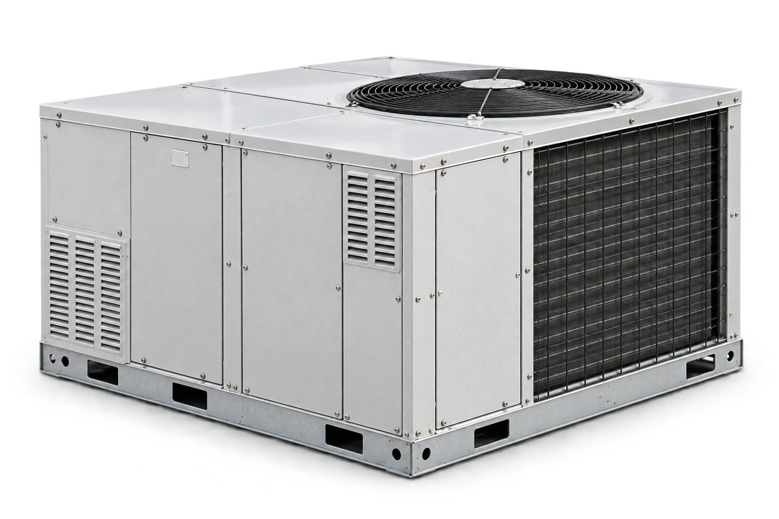 A light-commercial rooftop HVAC unit with metal access panels, a top-mounted fan, and a side condenser coil.