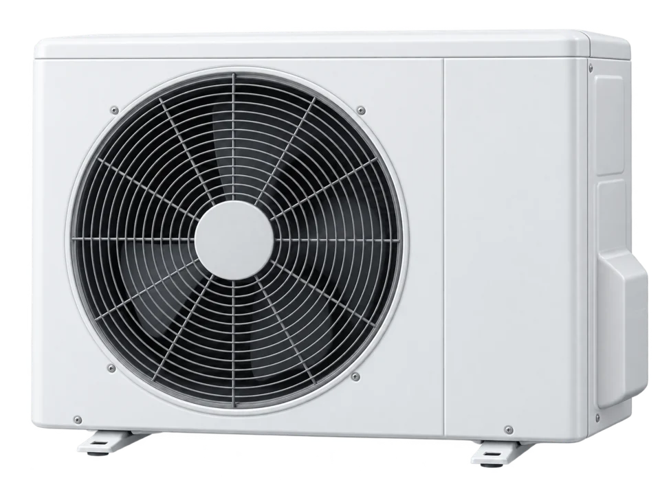 3D illustration of the compact outdoor mini-split condenser with a single fan.