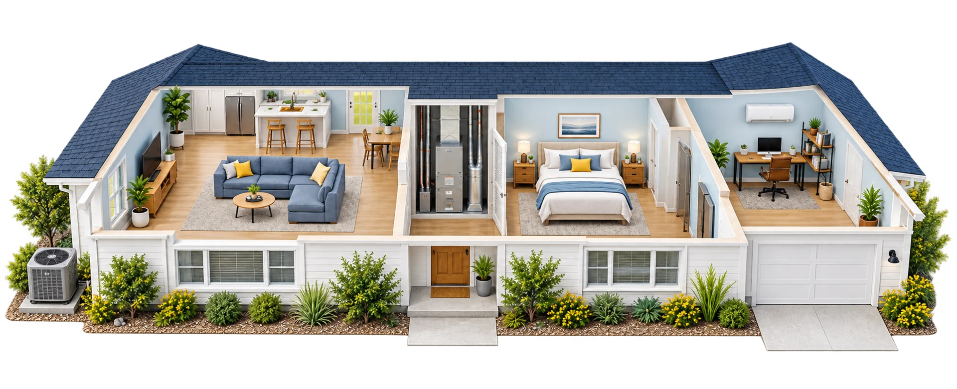 Cutaway illustration of a home with an outdoor AC unit, living room, central heating system, bedroom, and a home office with a ductless mini split.