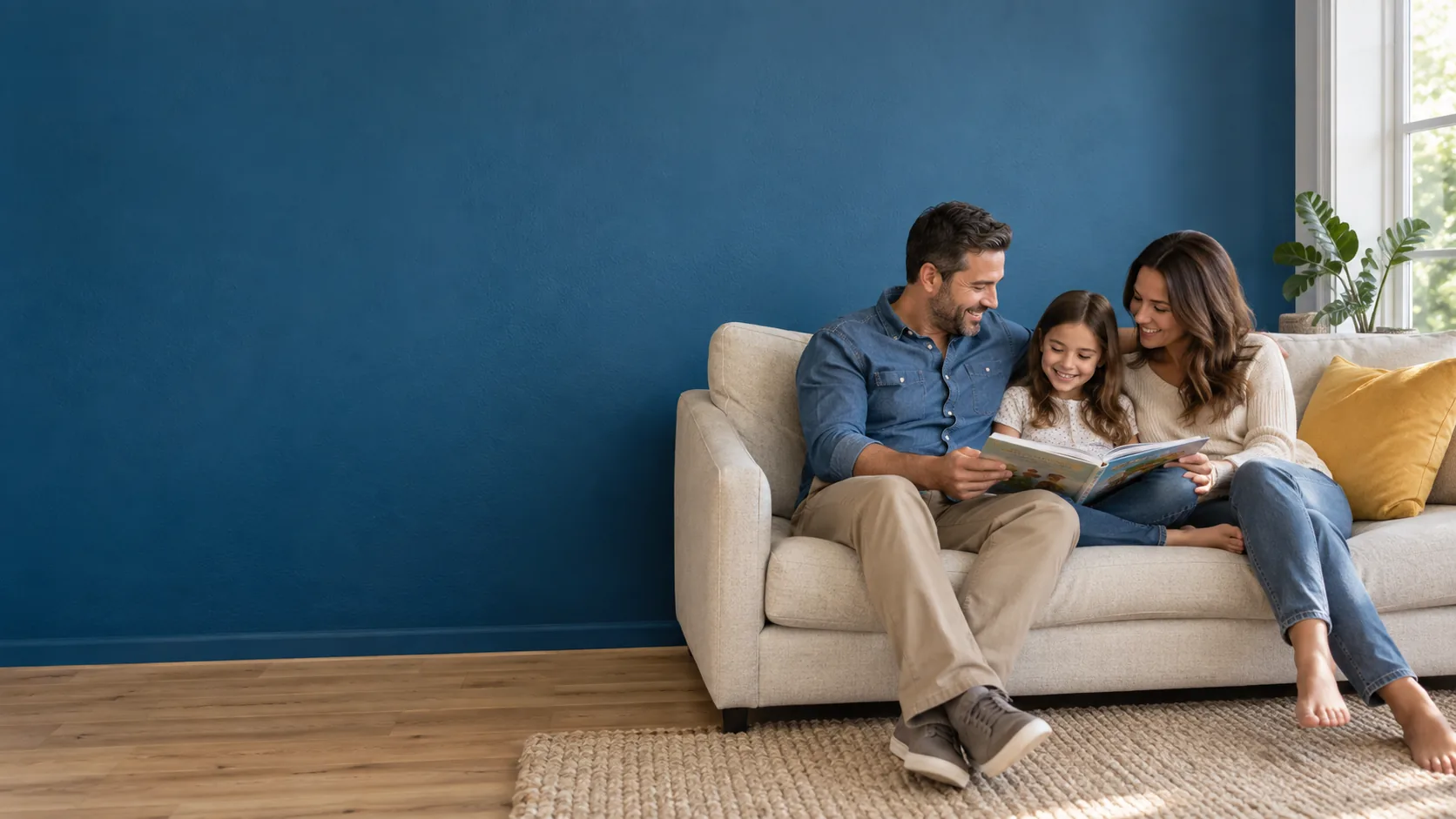 A family reading together on a sofa in a comfortable blue-walled living room.