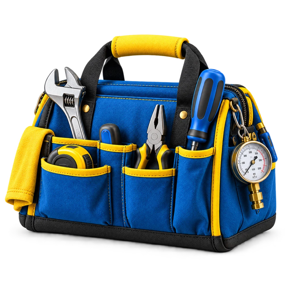 3D illustration of a blue-and-yellow service bag with a wrench, pliers, screwdriver and pressure gauge.