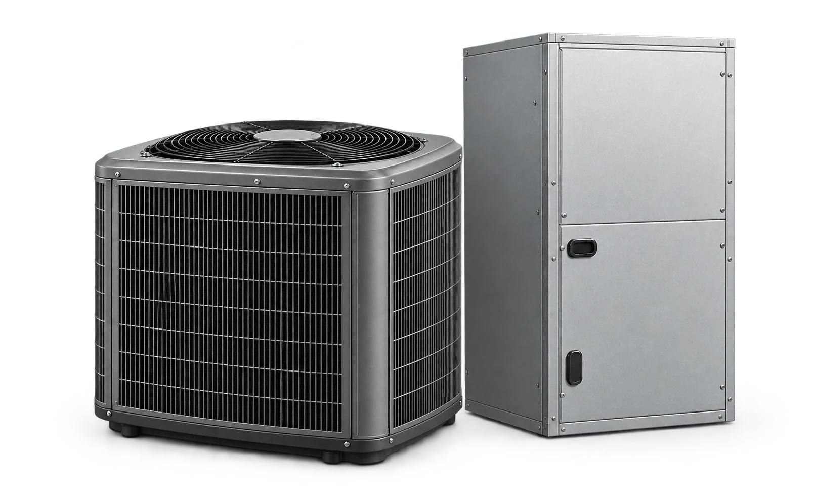 Illustration of a dark-gray outdoor air-conditioning condenser and silver indoor air handler, standing side by side.