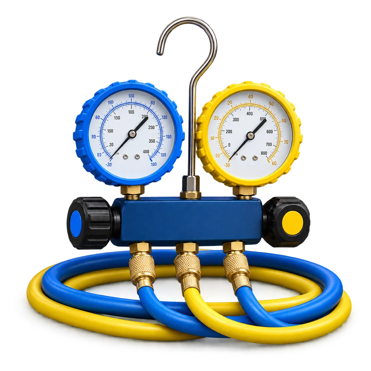 Illustration of blue and yellow HVAC service gauges with coiled hoses.