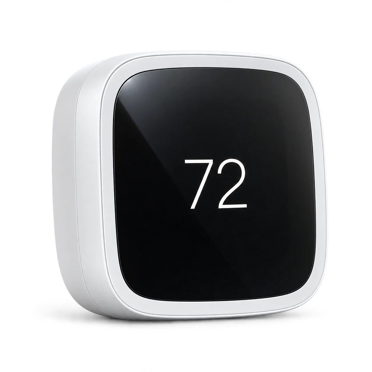 Illustration of a modern white thermostat, not a live temperature reading.