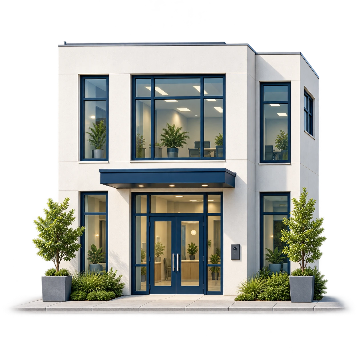 Illustrated two-story white office building with navy-framed windows.