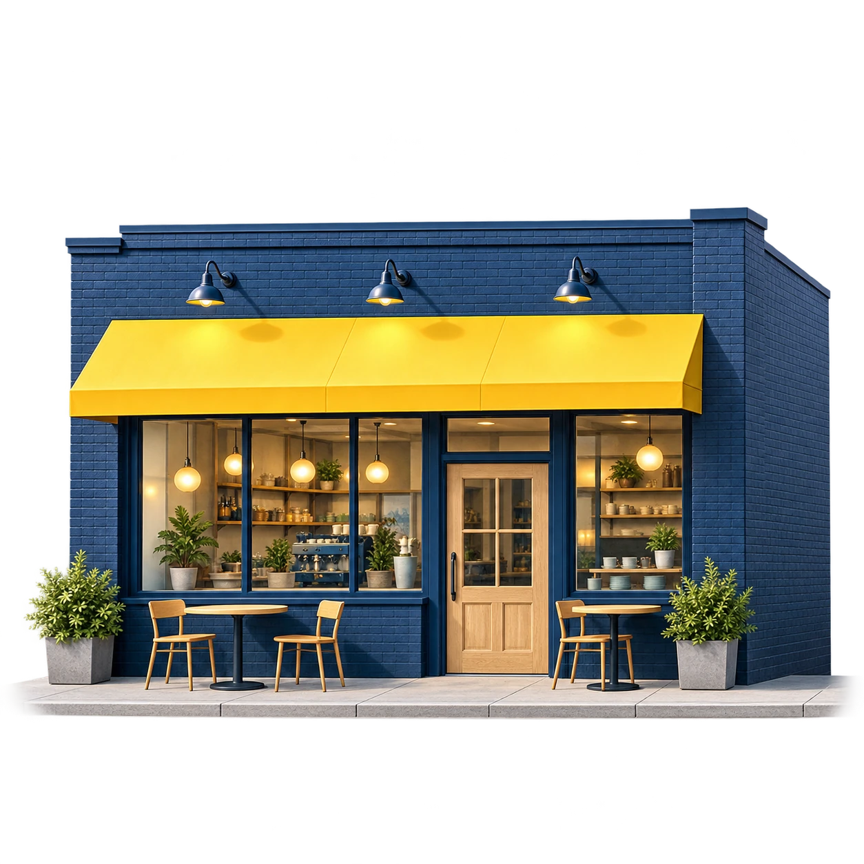 Illustrated navy-brick café with a yellow awning and sidewalk tables.