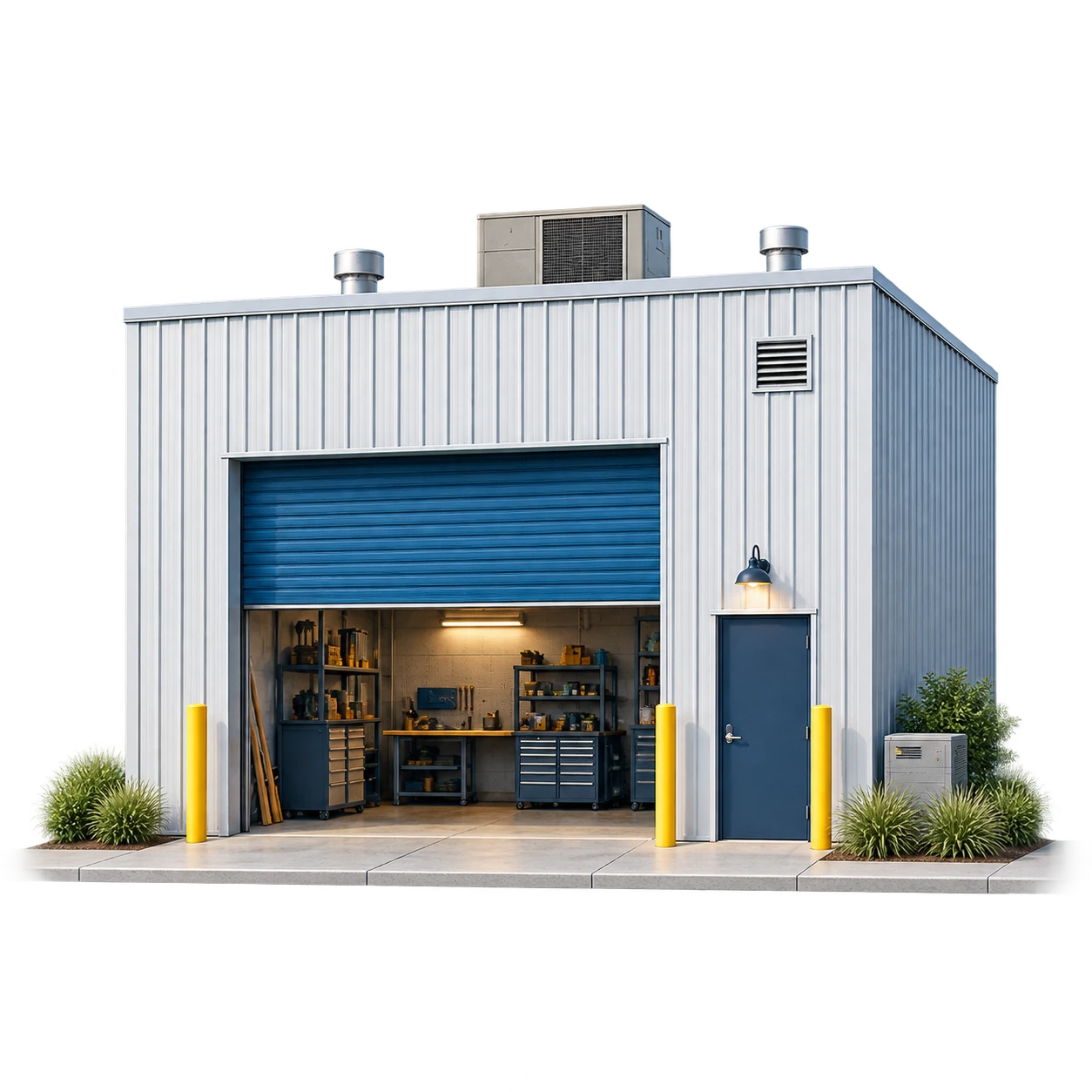 Illustrated metal-clad workshop with a blue roll-up door and rooftop HVAC equipment.
